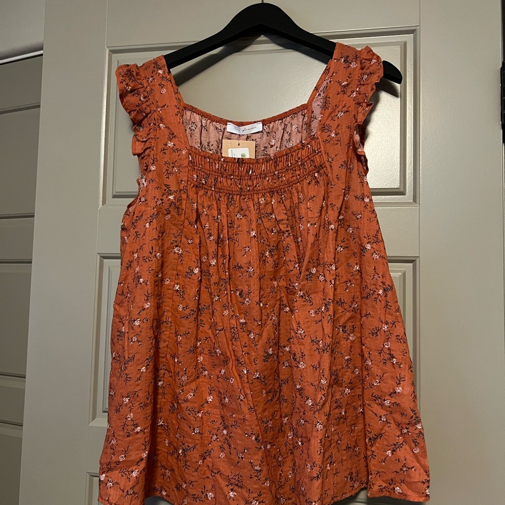 Floral Ruffle Sleeve Top in Orange